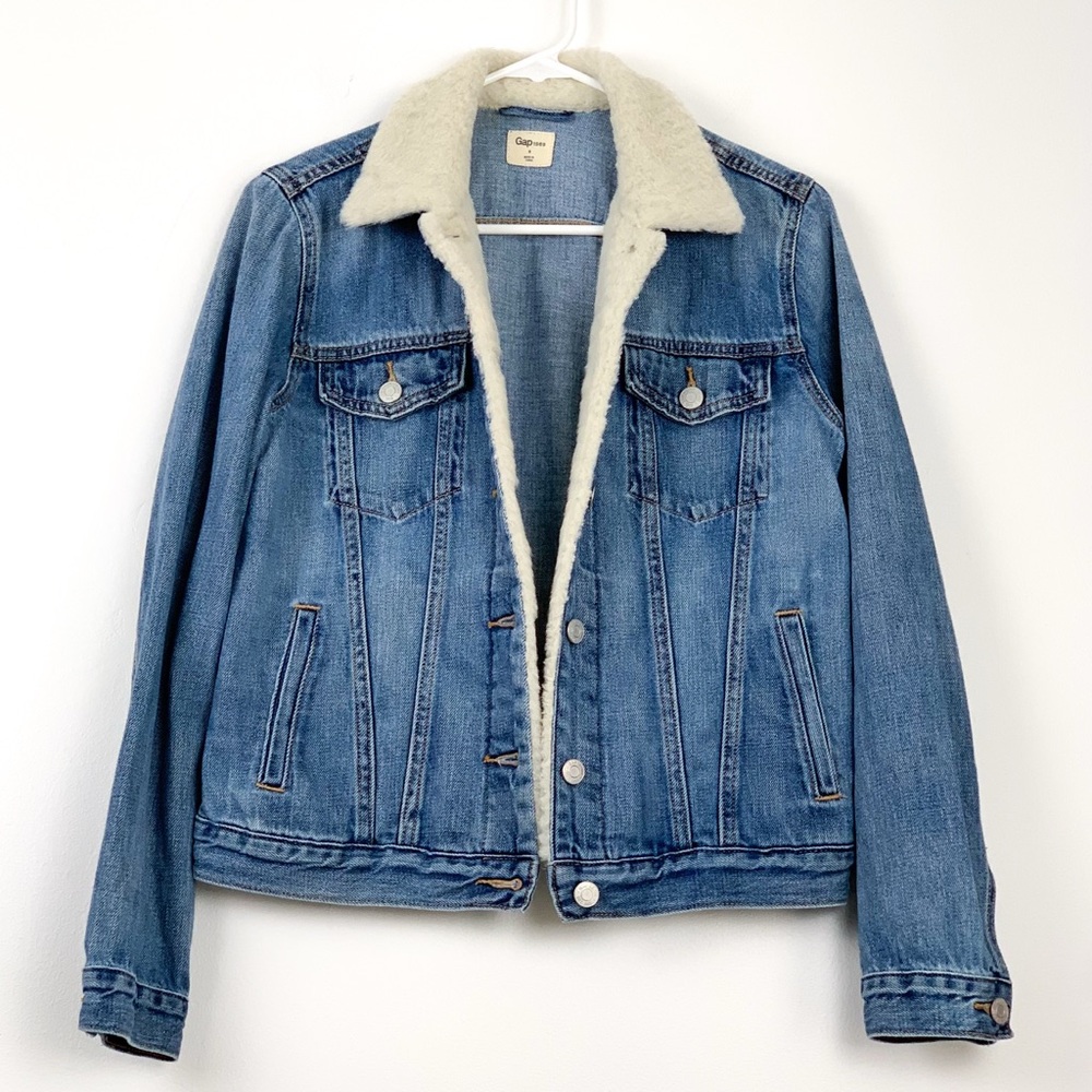 Gap denim sherpa jacket medium wash blue cotton denim faux sherpa collar small